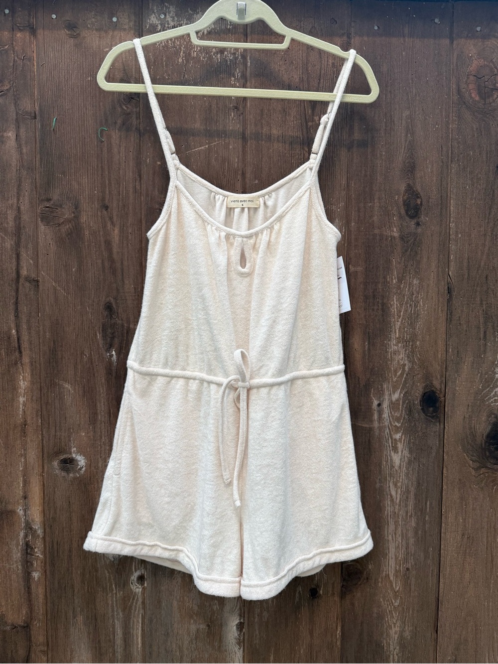 Terry Knit Tie-Waist Shorts Romper - Cream
